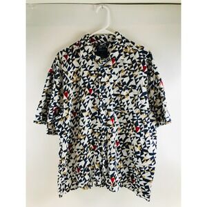 Trust Shirt Men's Size XL White Navy Blue Red Linen Blend Button Up Short Sleeve